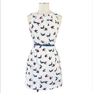 PINK OWL Bird Print Dress Sleeveless Pleated Neckline White Blue Orange Sz S